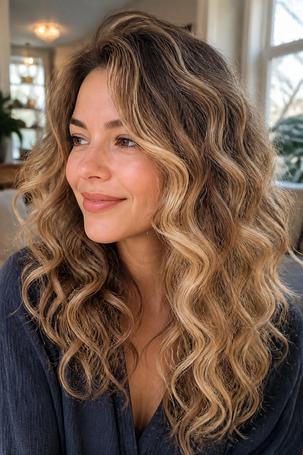 Close-up of a real woman with grown-out balayage curls in honey beige framing the face