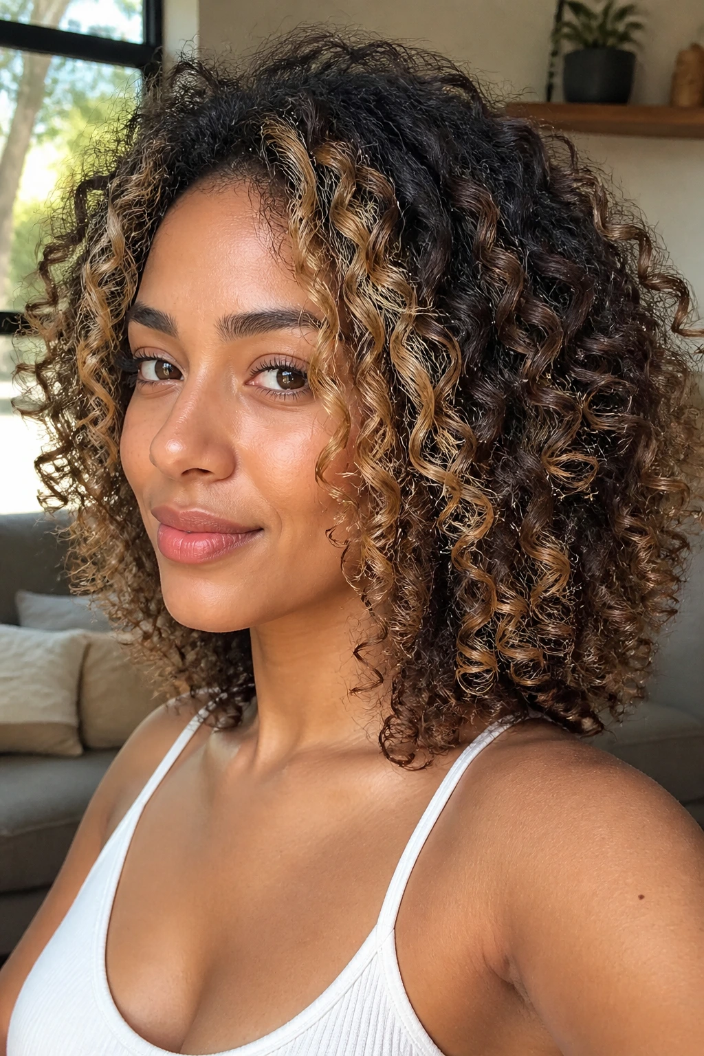 Close-up portrait of a real person with curly hair featuring toffee face-frame balayage around cheeks and temples