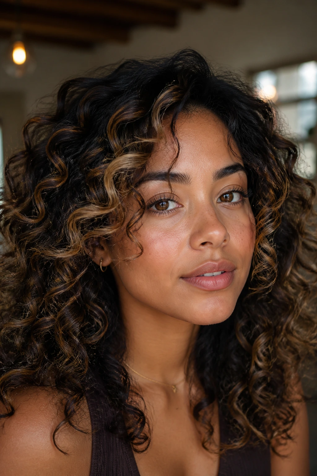 Close-up of a real woman's curly hair with bronze, beige, and mushroom balayage ribbons around the face