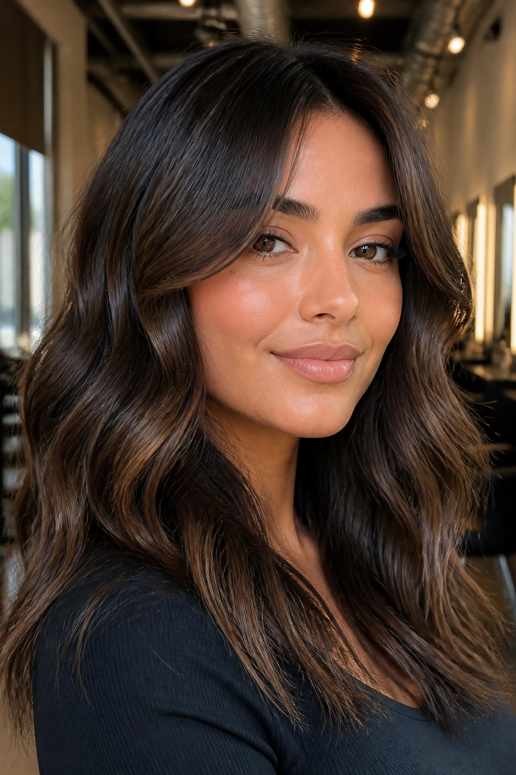 Close-up of a real woman with deep coffee balayage and curtain bangs in warm salon lighting