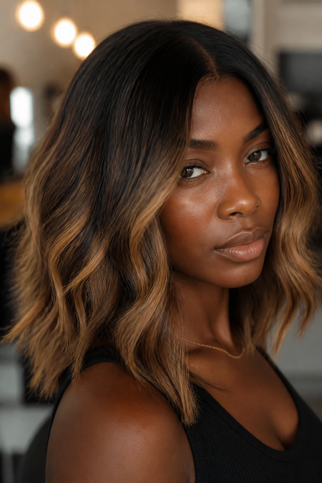 Close-up portrait of deep-skinned woman with thin hair and subtle balayage emphasizing root depth