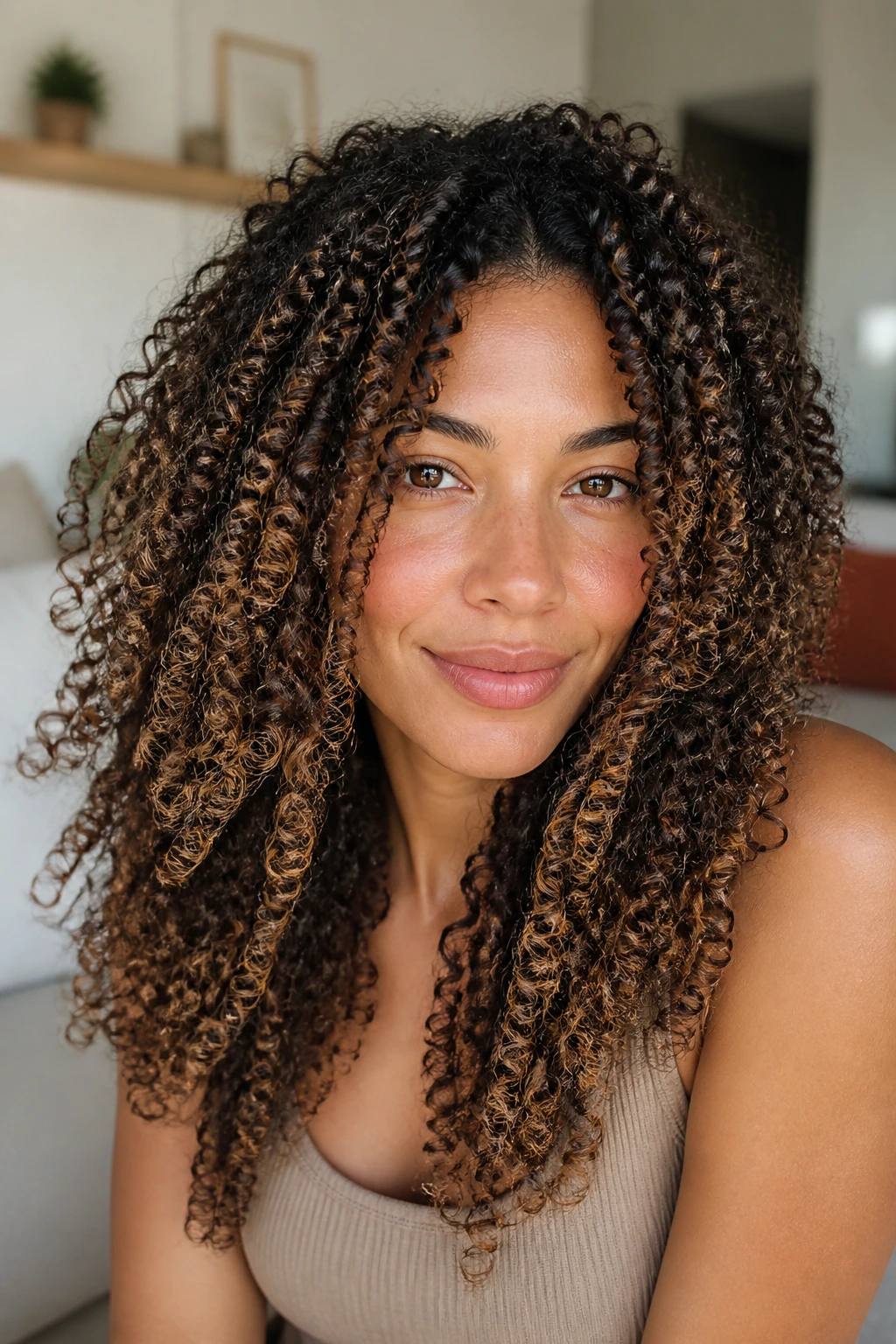 Close-up of defined coils with almond brown balayage.