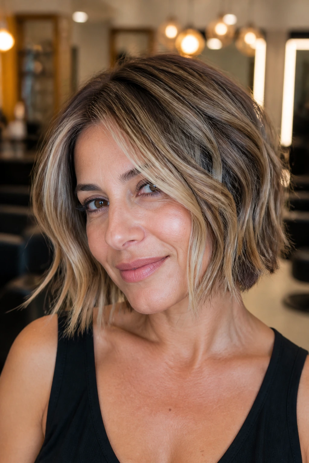 Close-up of a real woman with balayage dimension bob and face-framing lighter ribbons