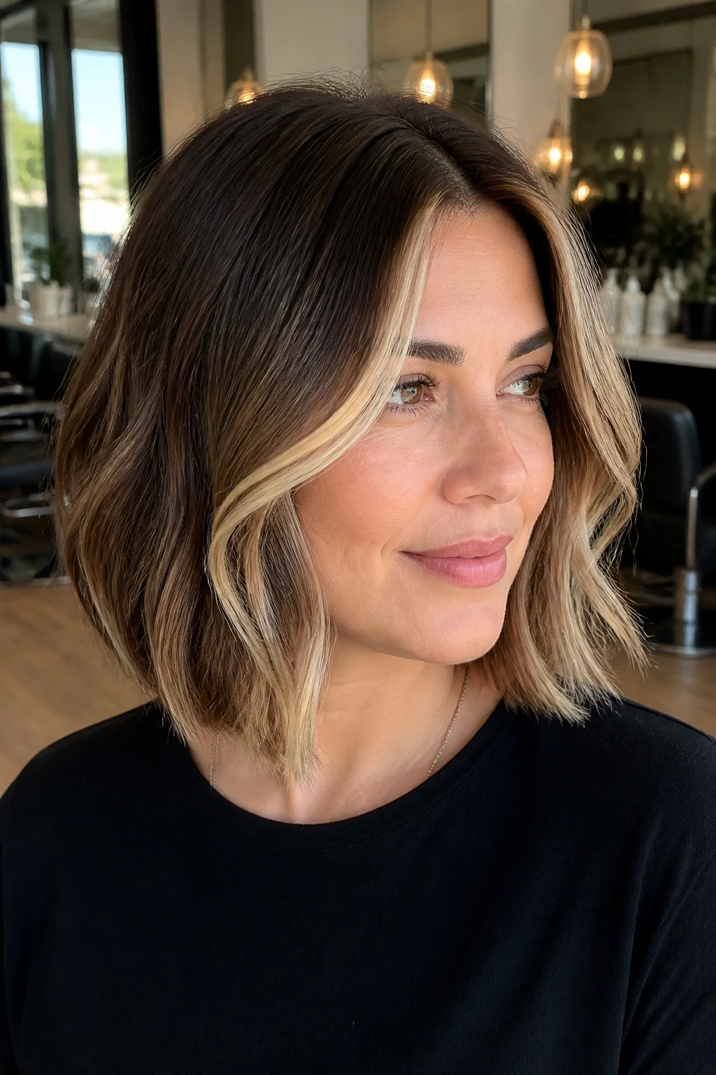 Close-up of a real person with balayage-dimension bob and curved highlights