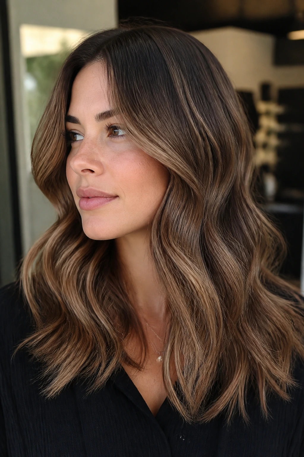 Portrait of a person with soft balayage waves showing dimension away from the face