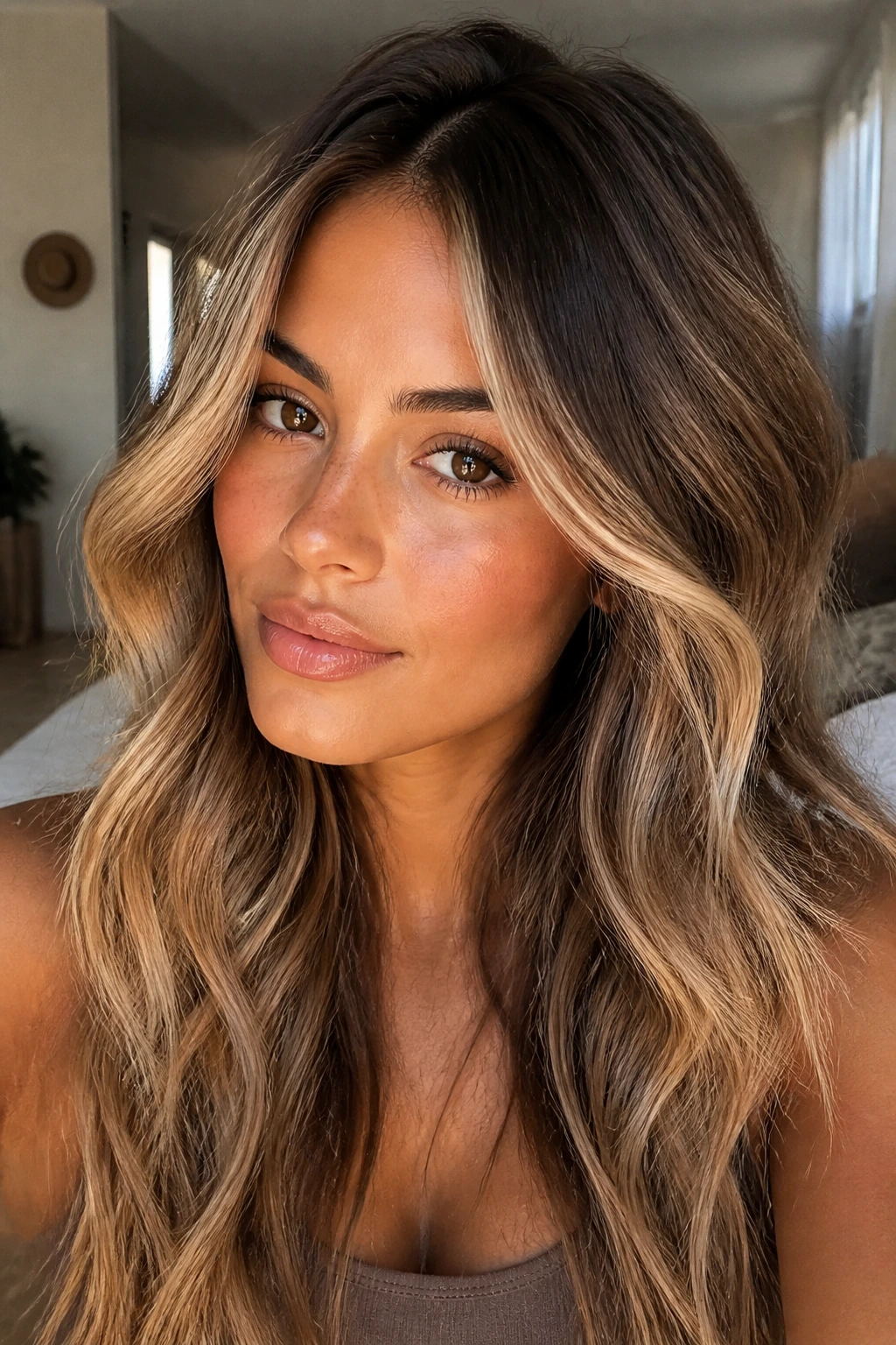 Close-up of a real person with loose waves showing balayage dimension.