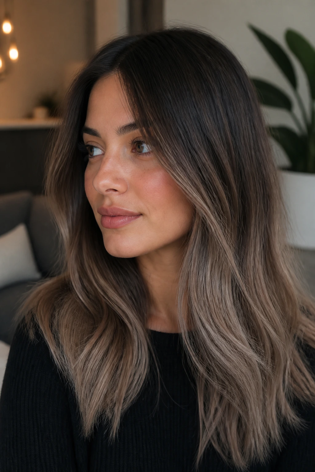 Close-up of a woman with dusty taupe fade balayage