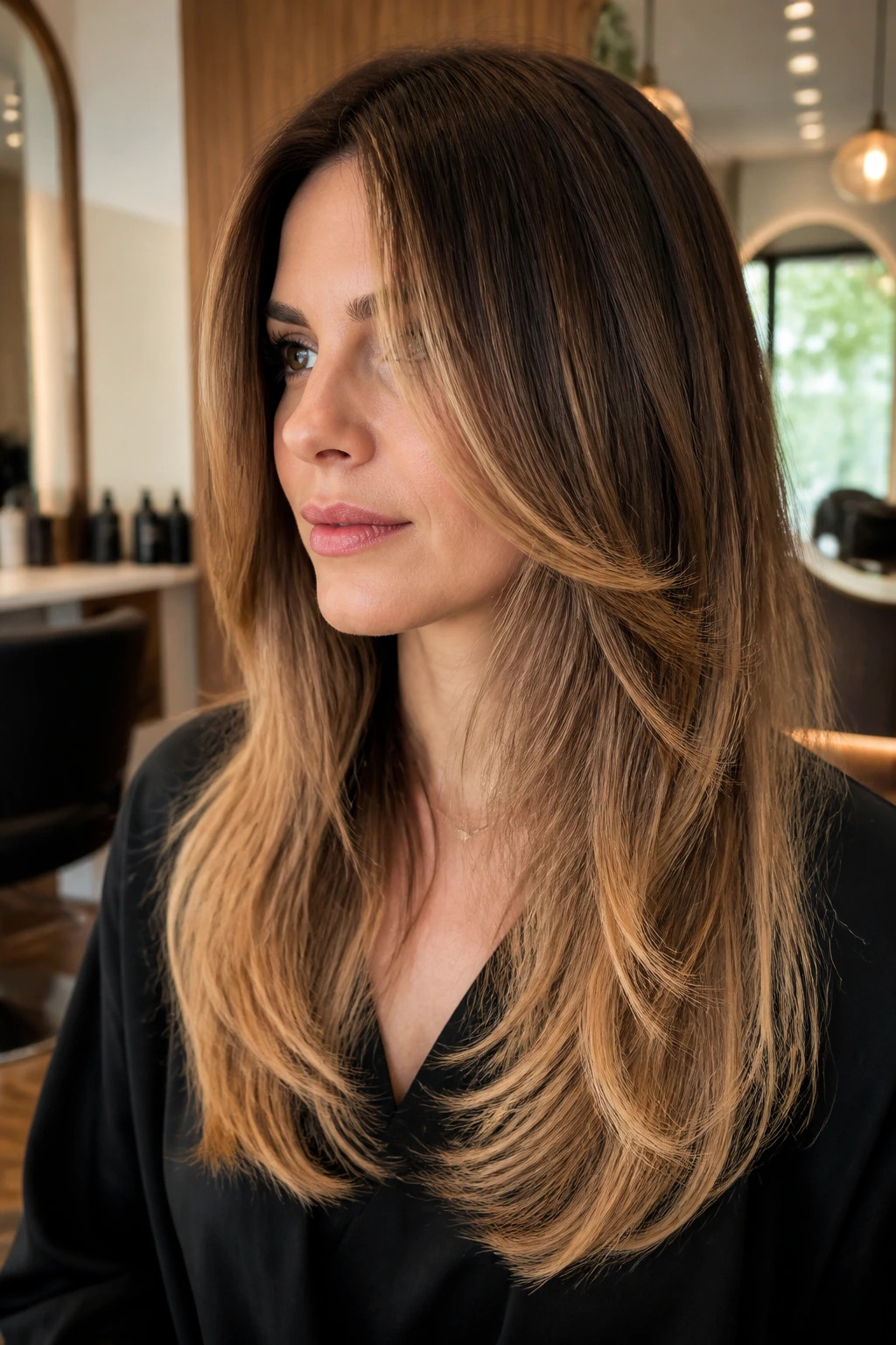Real woman with long layered cut and caramel balayage ends in salon lighting