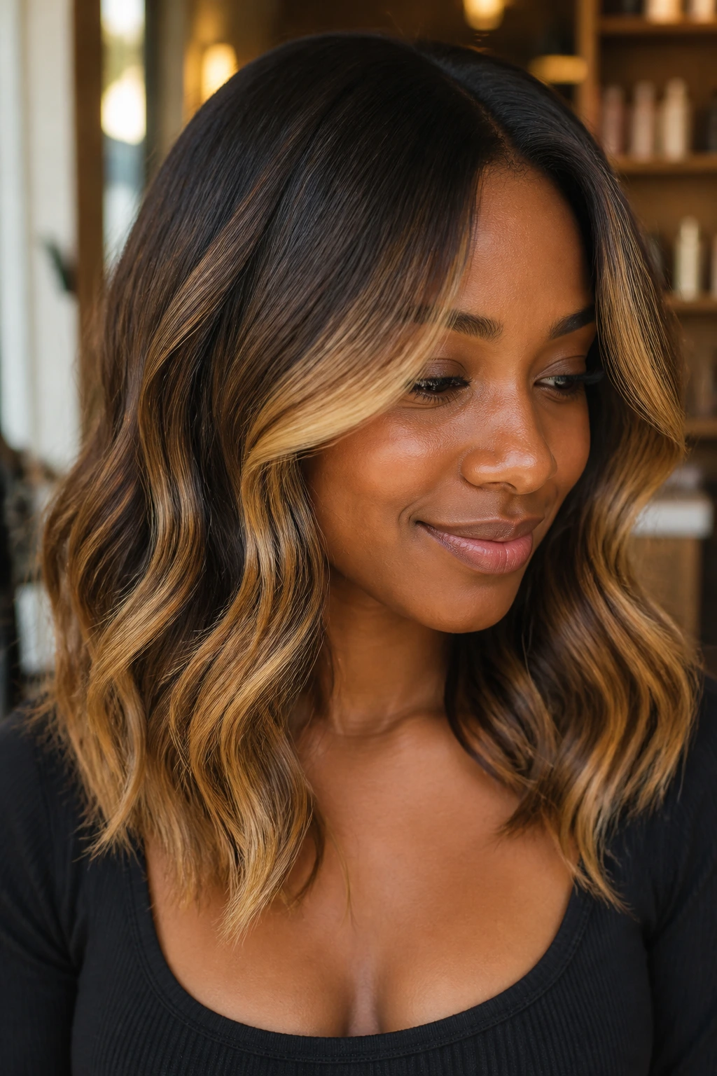 Portrait of a person with espresso base and golden honey balayage around the face
