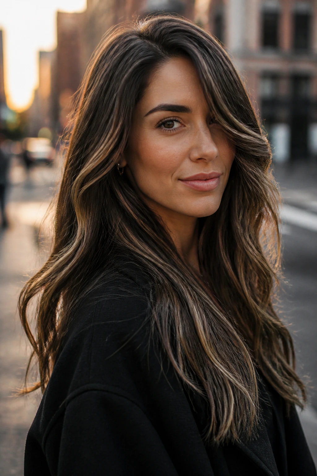 Close-up portrait of brunette with espresso and beige feather highlights