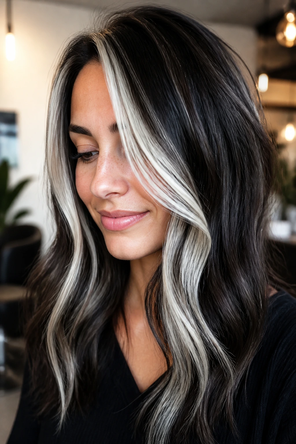 Portrait of a woman with espresso base and snow-platinum highlights on dark hair