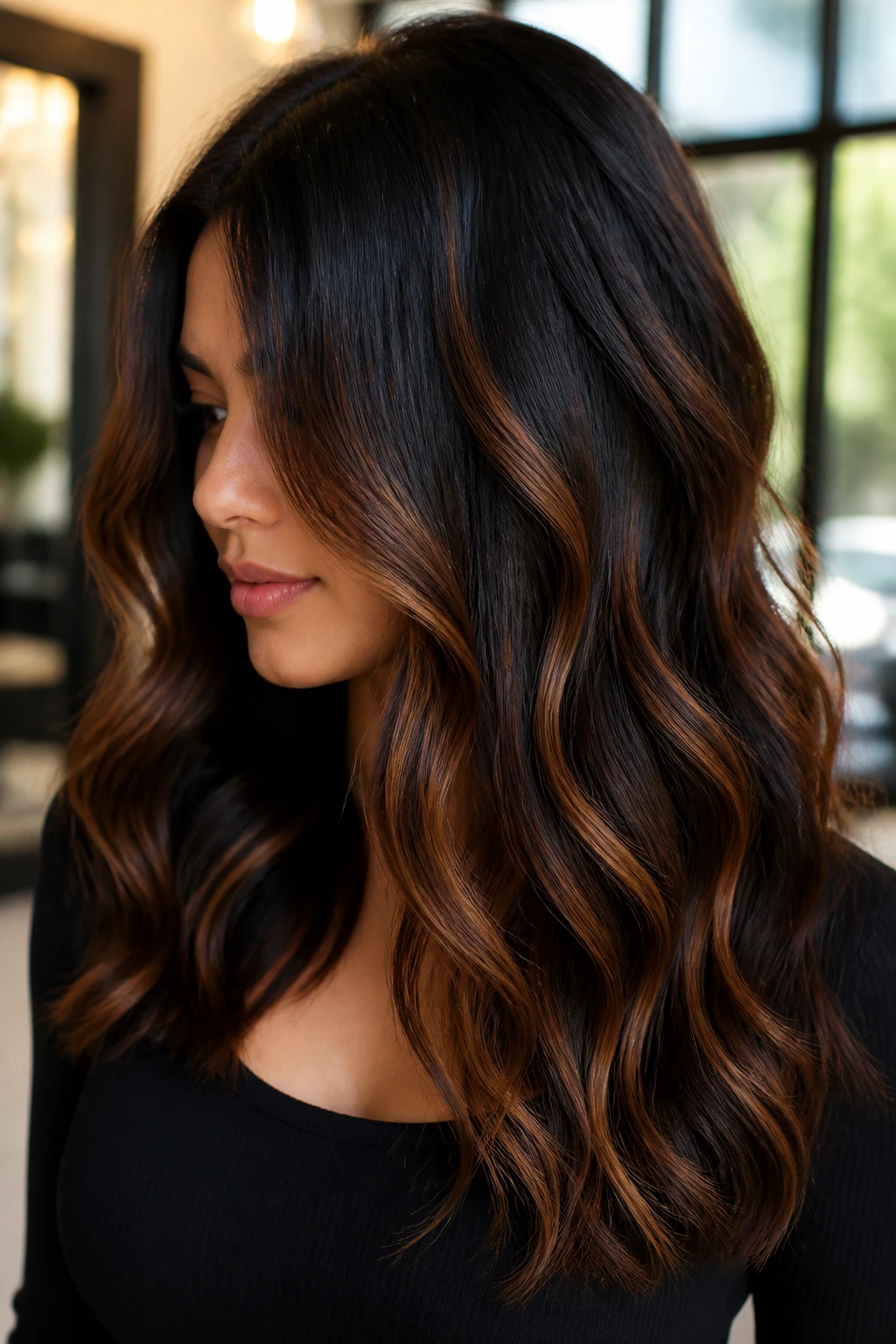 Close-up of espresso-darker hair with cinnamon caramel balayage ribbons on a real person