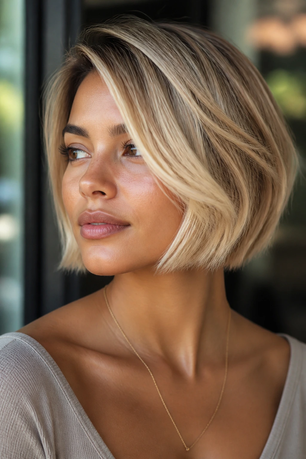 Portrait of a real woman with a face-framing short blonde balayage cut.