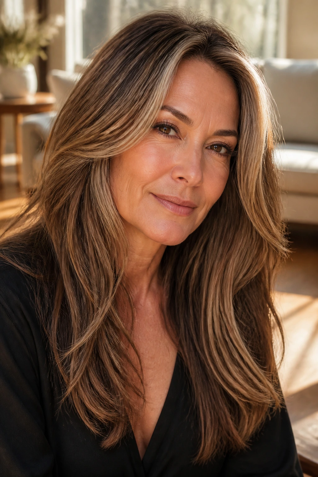 Real woman with balayage-enhanced face frame and face-framing highlights