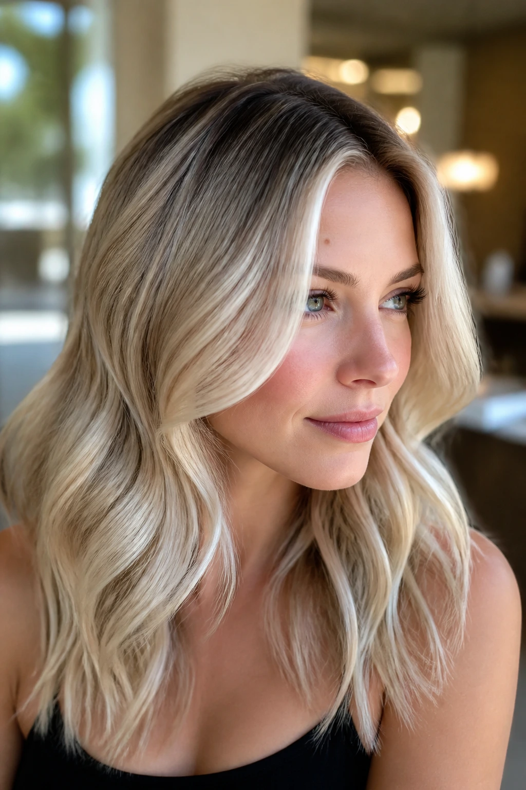 Real woman with dimensional cool blonde balayage and face-framing pieces.