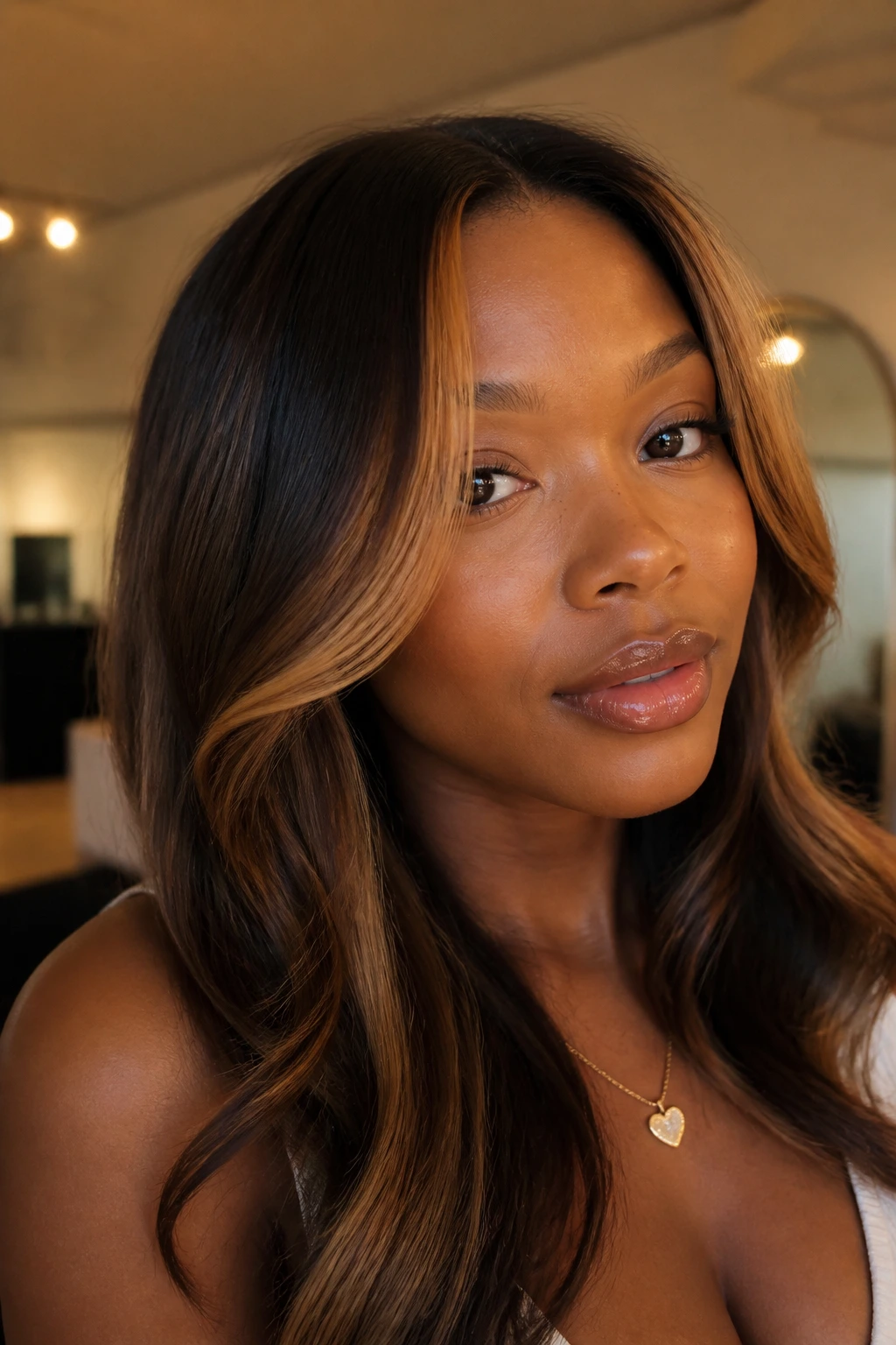 Portrait of a person with face-framing lighter pieces in deep hair