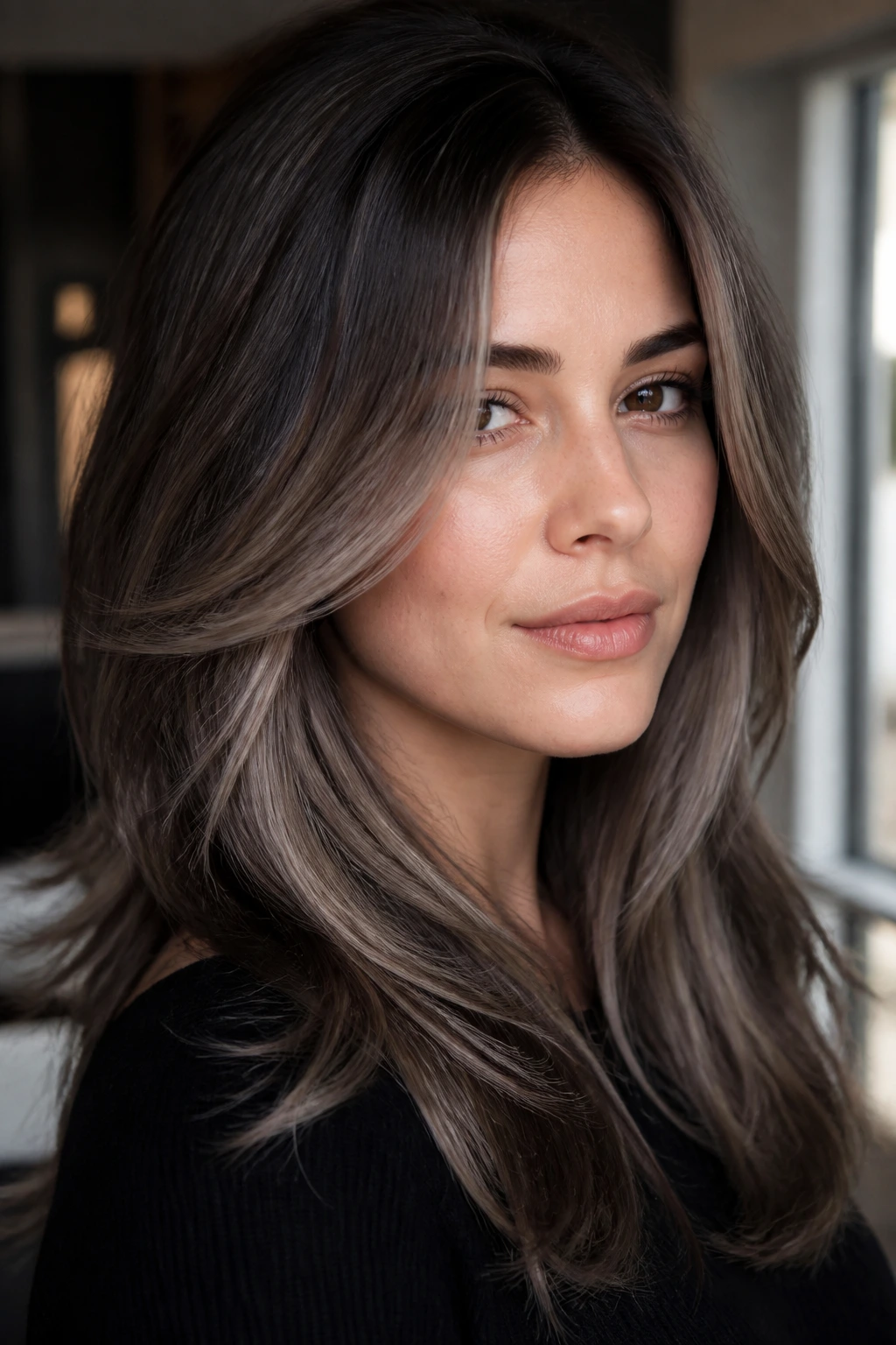 Close-up of a woman with feathered smoke contour balayage along the face