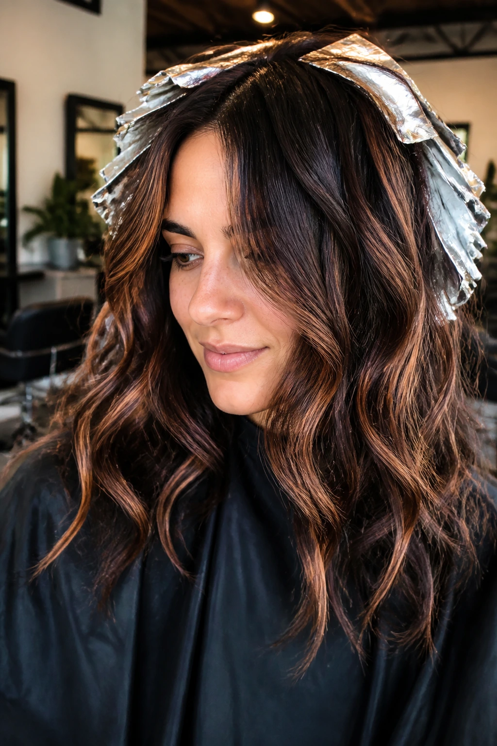 Real woman with balayage and foil placement on dark wavy hair close-up.