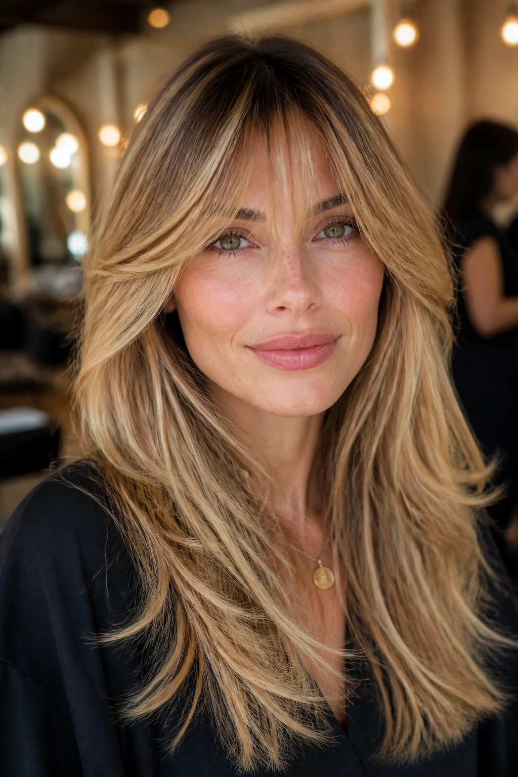 Close-up of a real person with Golden Balayage Layers and feathered fringe in warm salon lighting.