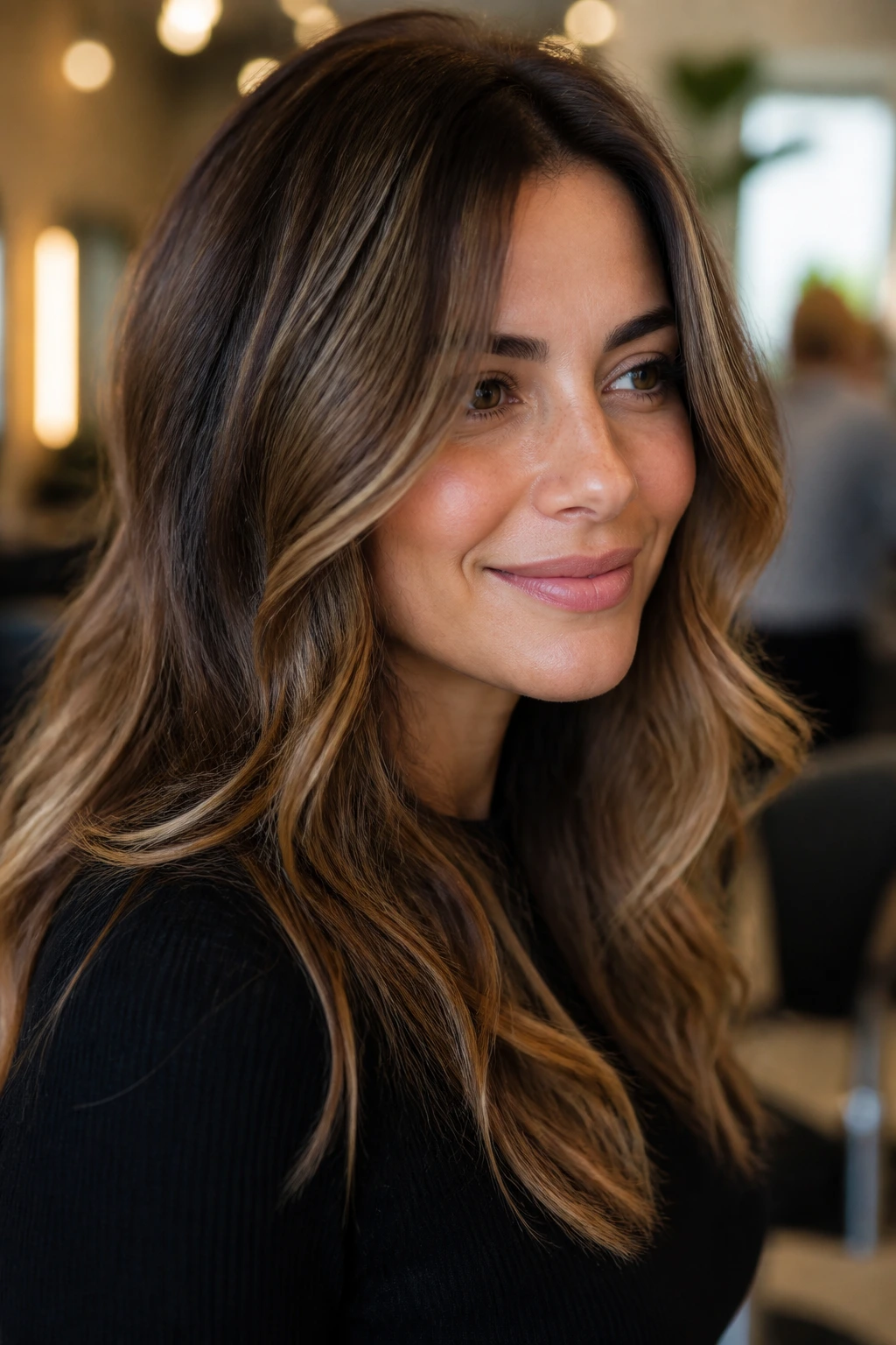 Portrait showing root depth and lifted mids in brown balayage on fine hair
