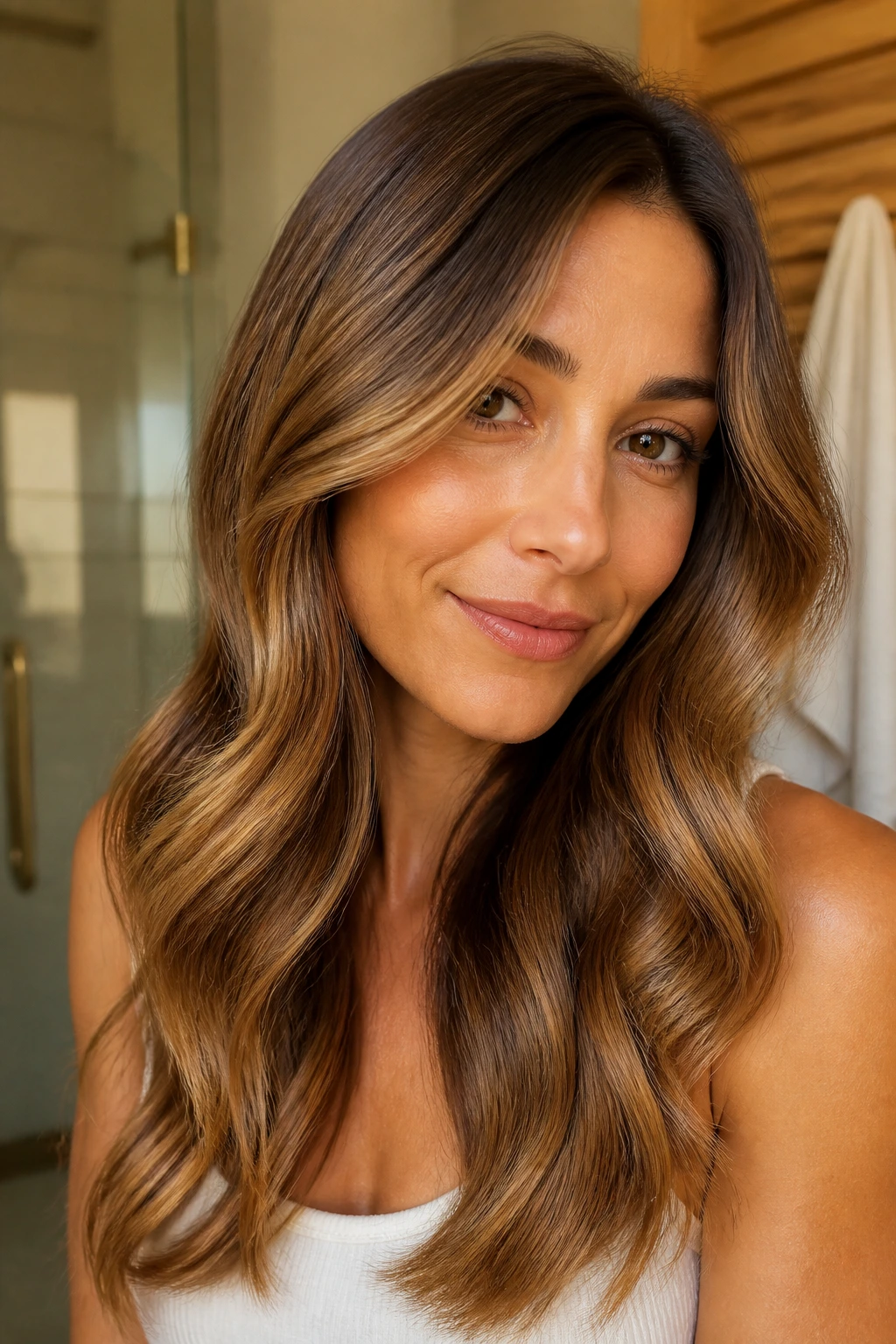 Close-up of a real woman with glossy warm balayage in a warm bathroom.