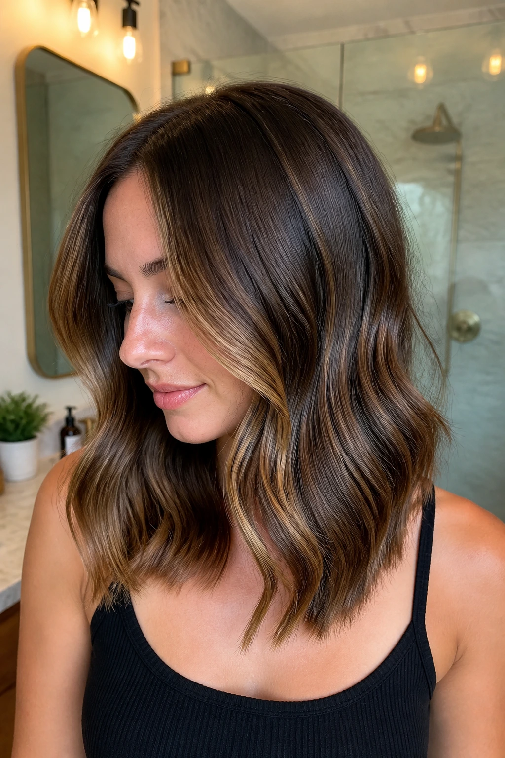 Close-up portrait of a real woman with glossy chocolate caramel balayage in bathroom lighting