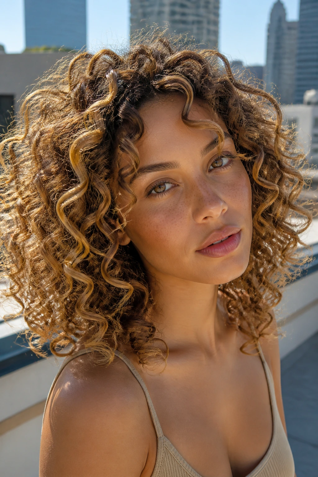 Close-up of a real woman with golden bronde curls displaying movement