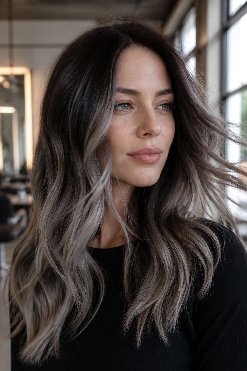 Portrait of a woman with dark brown roots and smoky grey balayage highlighting cool skin tones