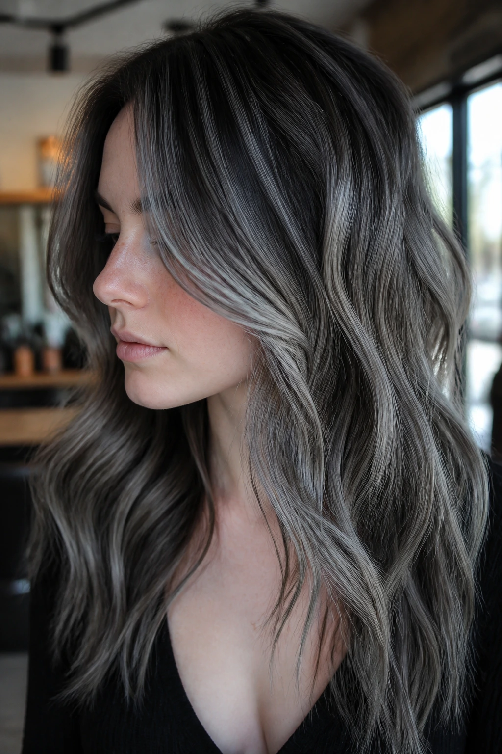 Close-up portrait of a woman with multi-toned grey balayage highlighting graphite to silver for pale skin