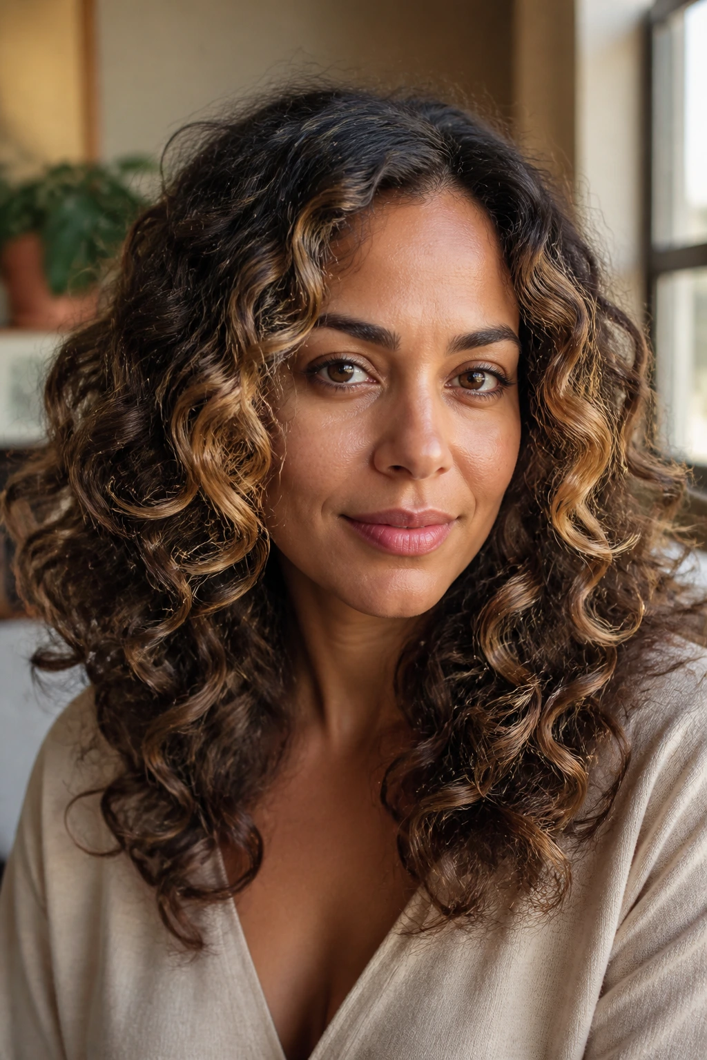 Close-up of a woman with curly hair showing a soft grow-out balayage around the face