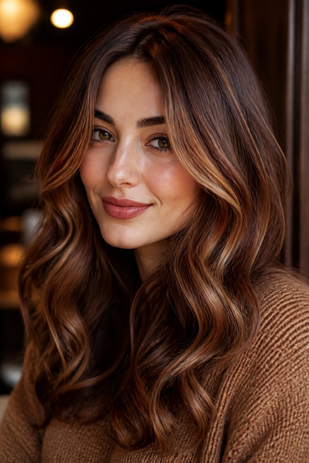 Close-up of a real woman with mahogany honey balayage.