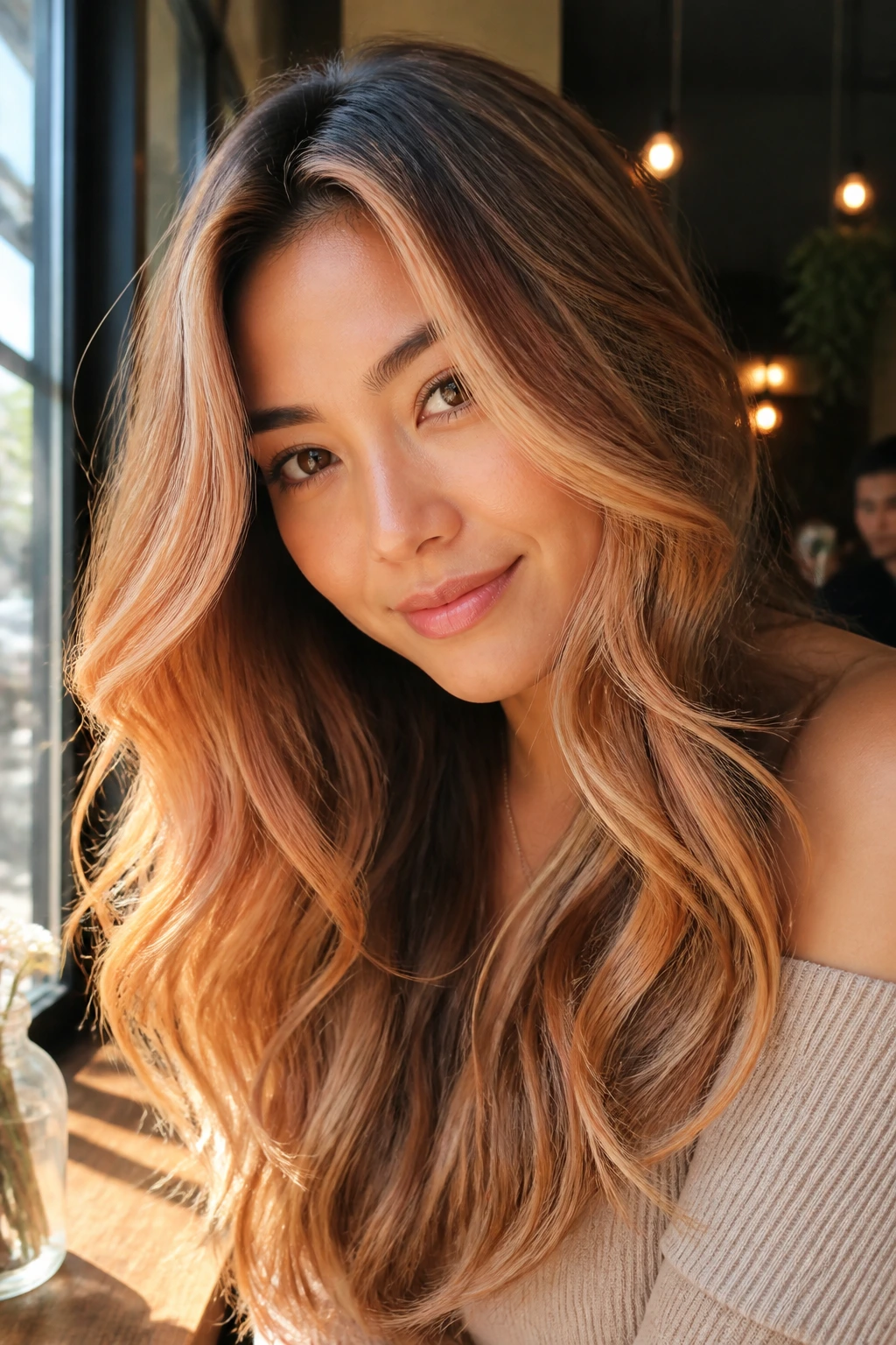 Close-up of a real woman with peachy caramel balayage near the face.