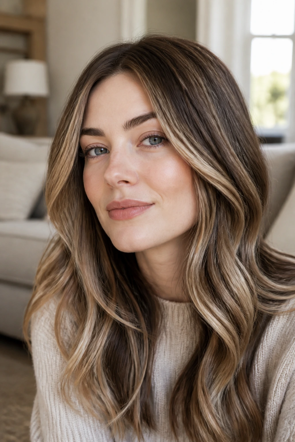 Close-up portrait of a real woman with mocha and cream balayage on hair.