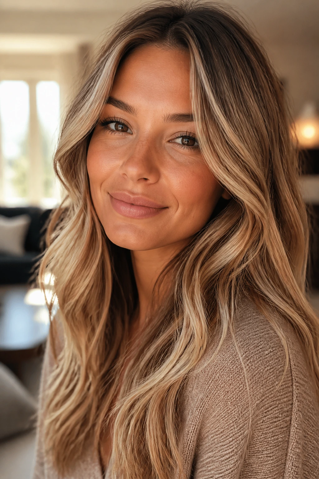 Close-up of a real woman with warm vanilla bronde balayage highlighting her face.