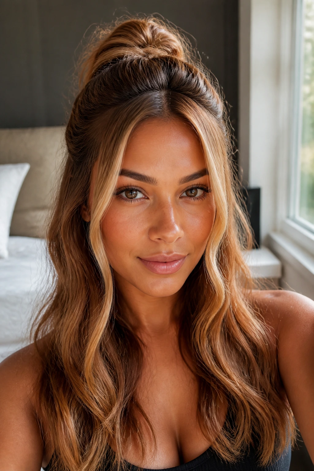 Close-up of a real woman with half-up waves and bright face-framing balayage