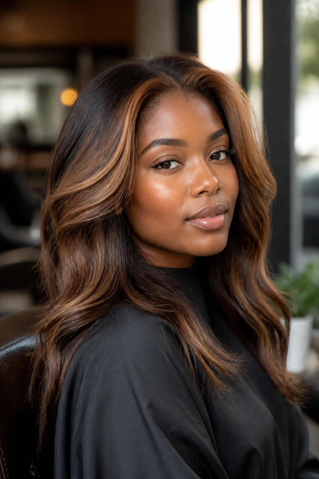 Close-up of a real person with golden halo balayage at the hairline and crown on brunette hair, diffused light