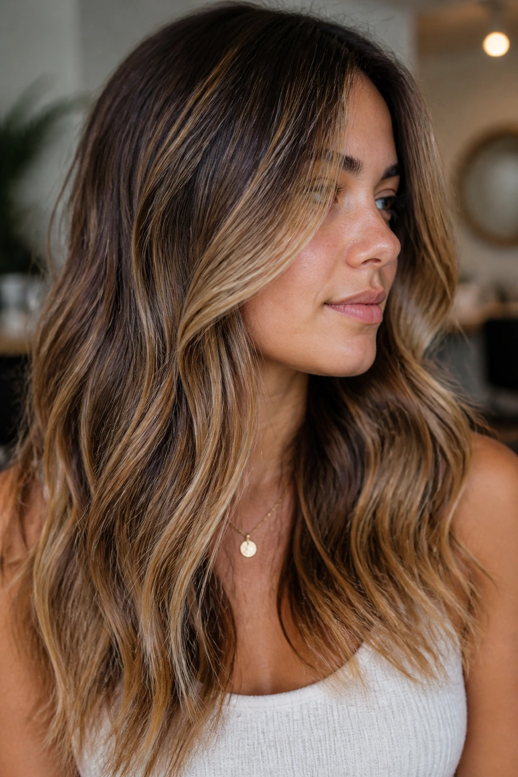 Close-up portrait of a real woman with honey almond ribbon balayage on medium brown base.