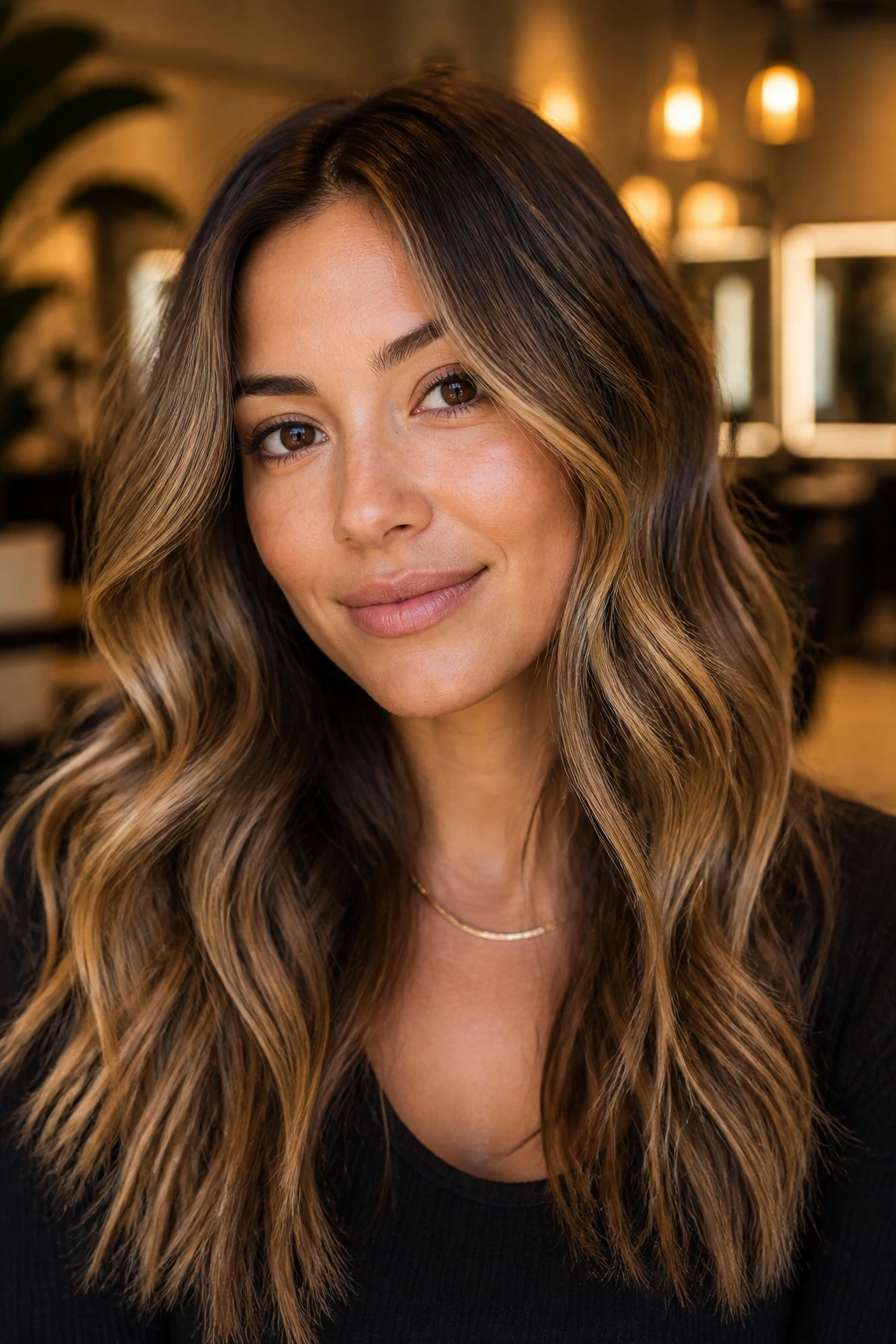 Brunette with smoked honey balayage in warm salon lighting