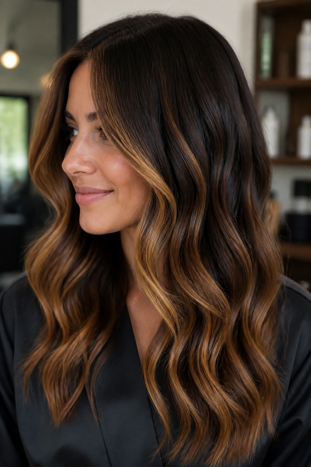 Brunette with soft honey balayage through mids and ends