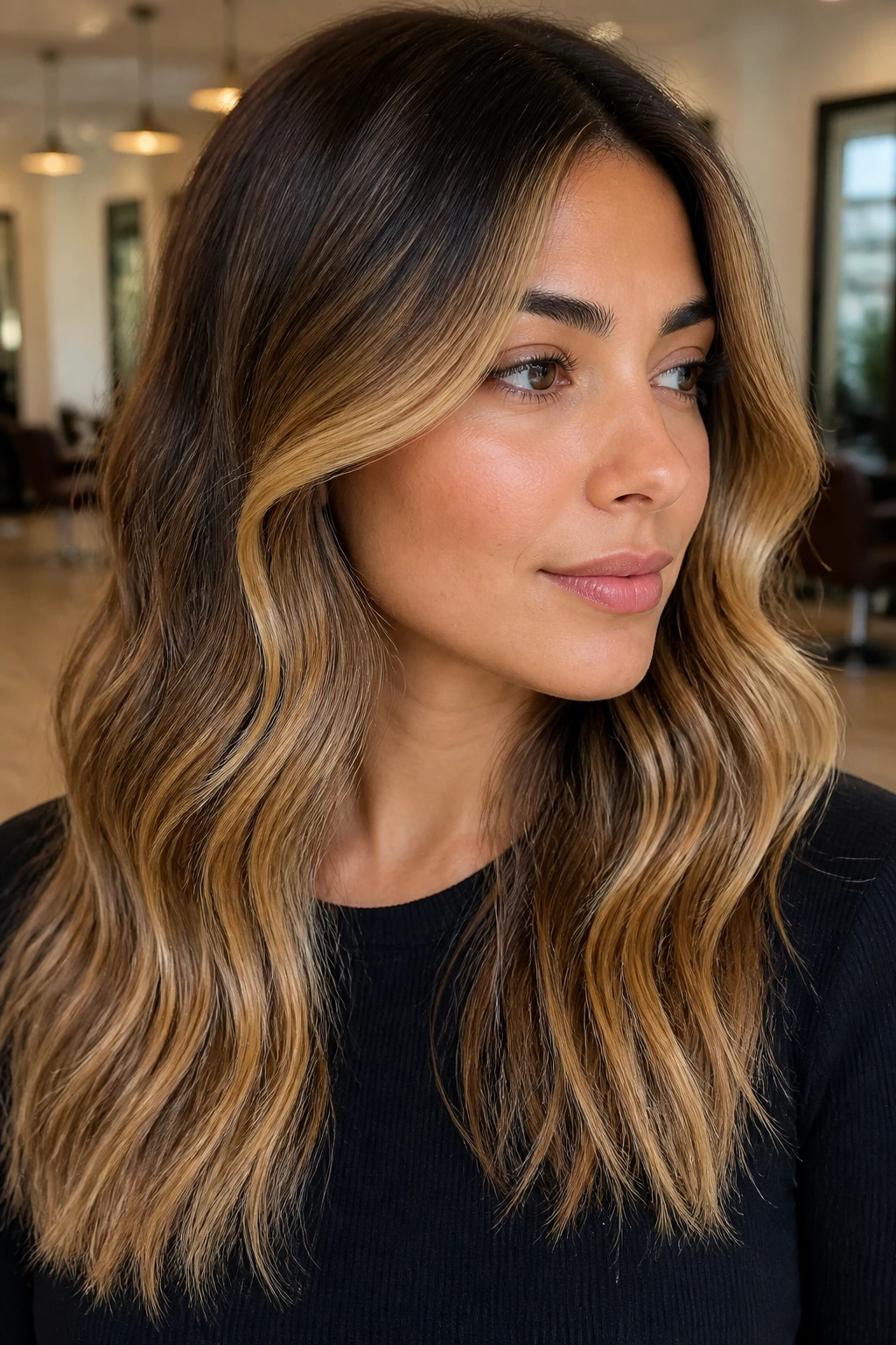 Close-up of olive-skinned person with cheekbone-starting honey balayage.