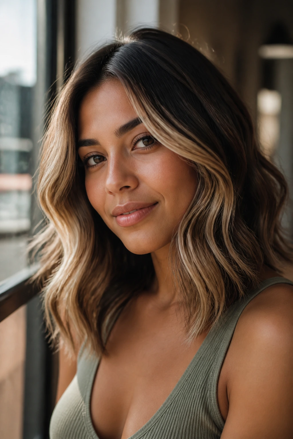 Portrait of a real woman with honey face-framing ribbons near the cheeks.