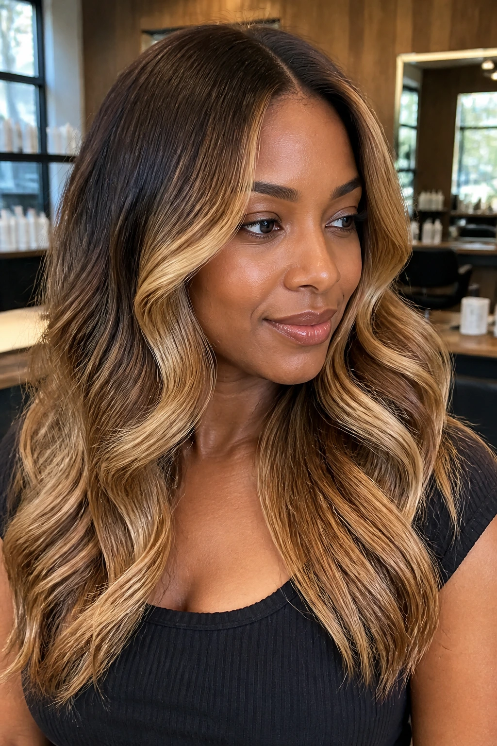 Close-up of dark hair with soft honey balayage and shadow root on a real person