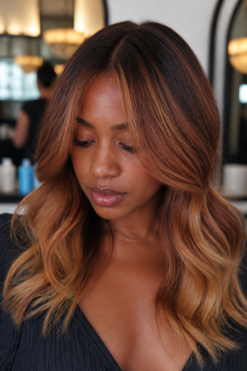 Close-up of deep skin with honey strawberry balayage highlighting around the face.