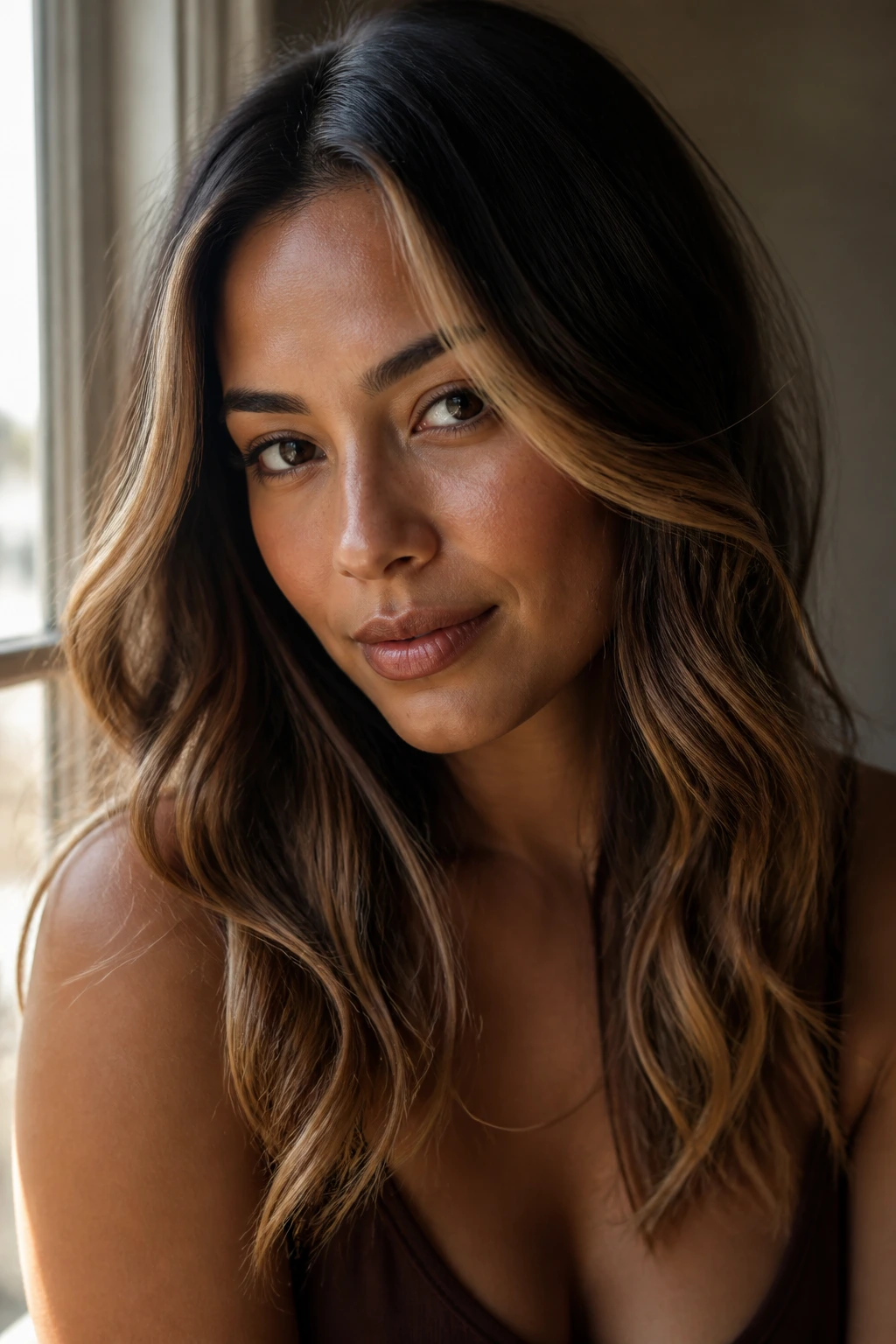 Real woman with strategically placed balayage around face and collarbone