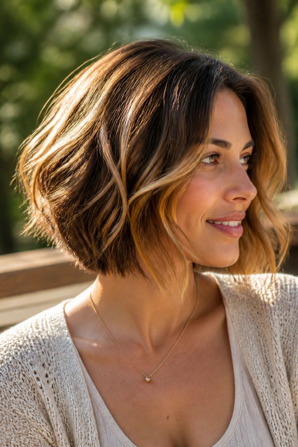 Close-up of real person with Sunlit Balayage Inverted Bob and caramel slices