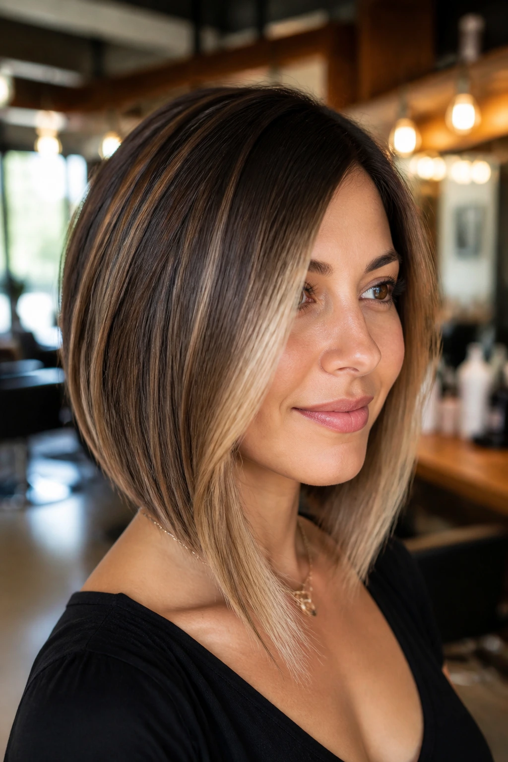 Close-up of balayage highlights on an inverted bob on a real person