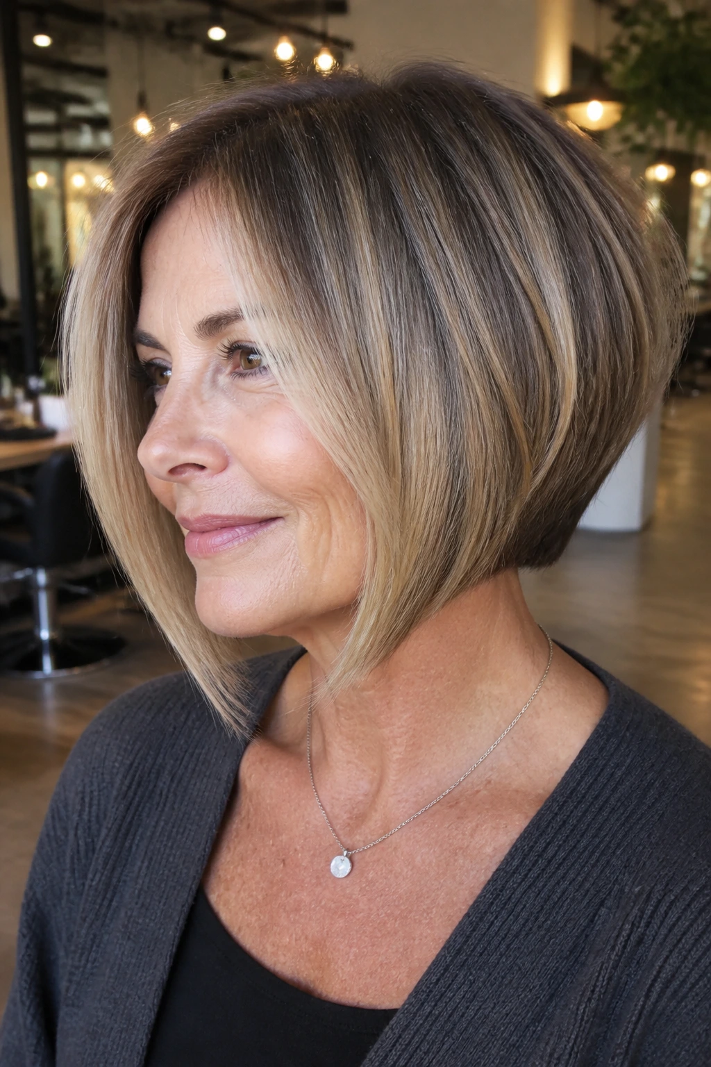 Close-up of a real woman with balayage highlights in an inverted bob