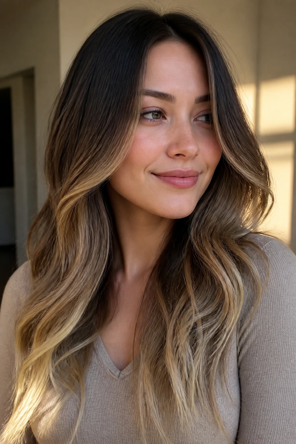 Close-up of soft balayage starting at the jawline on long wavy hair
