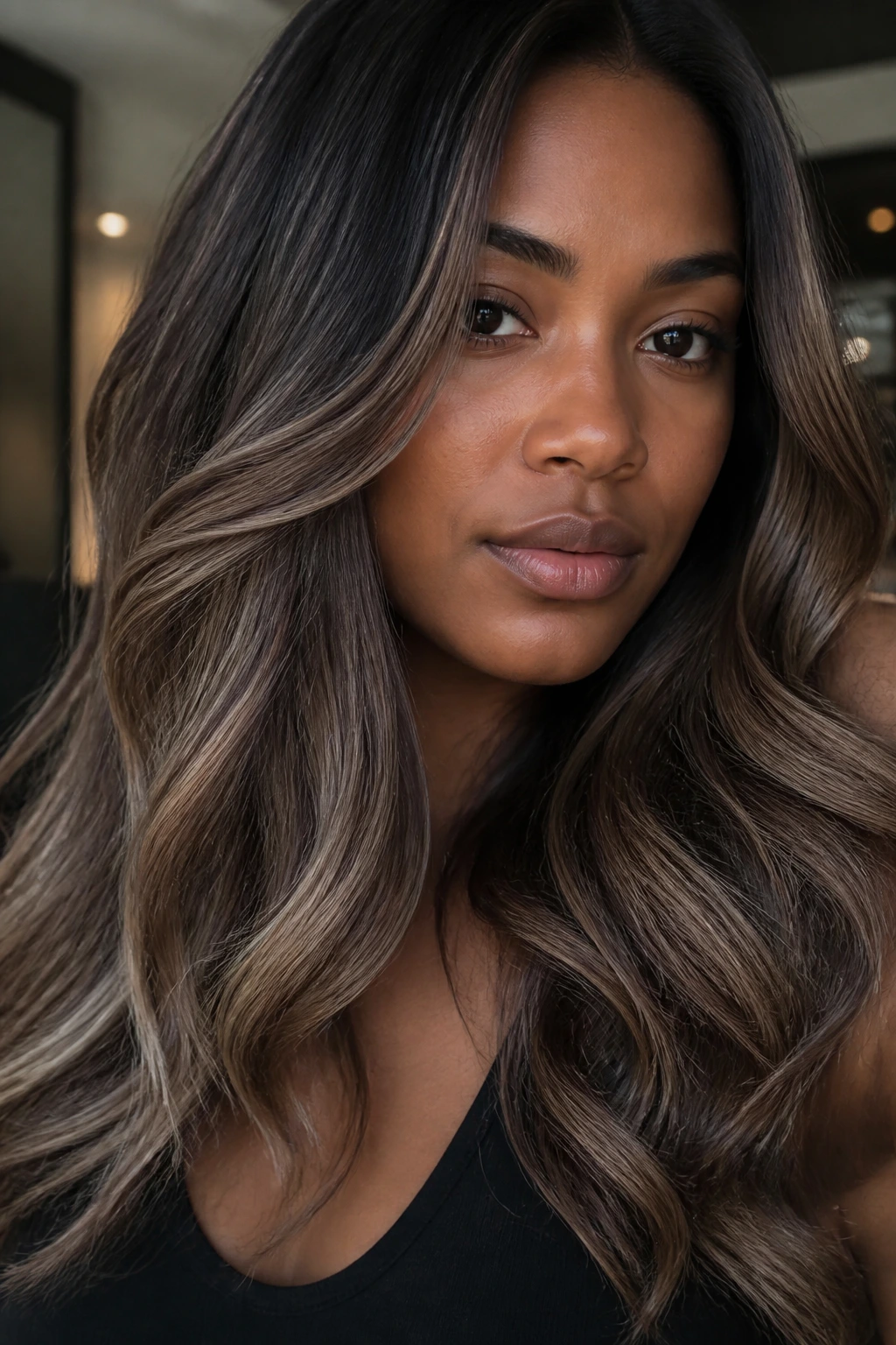 Close-up of khaki beige brunette balayage with muted edge on real person