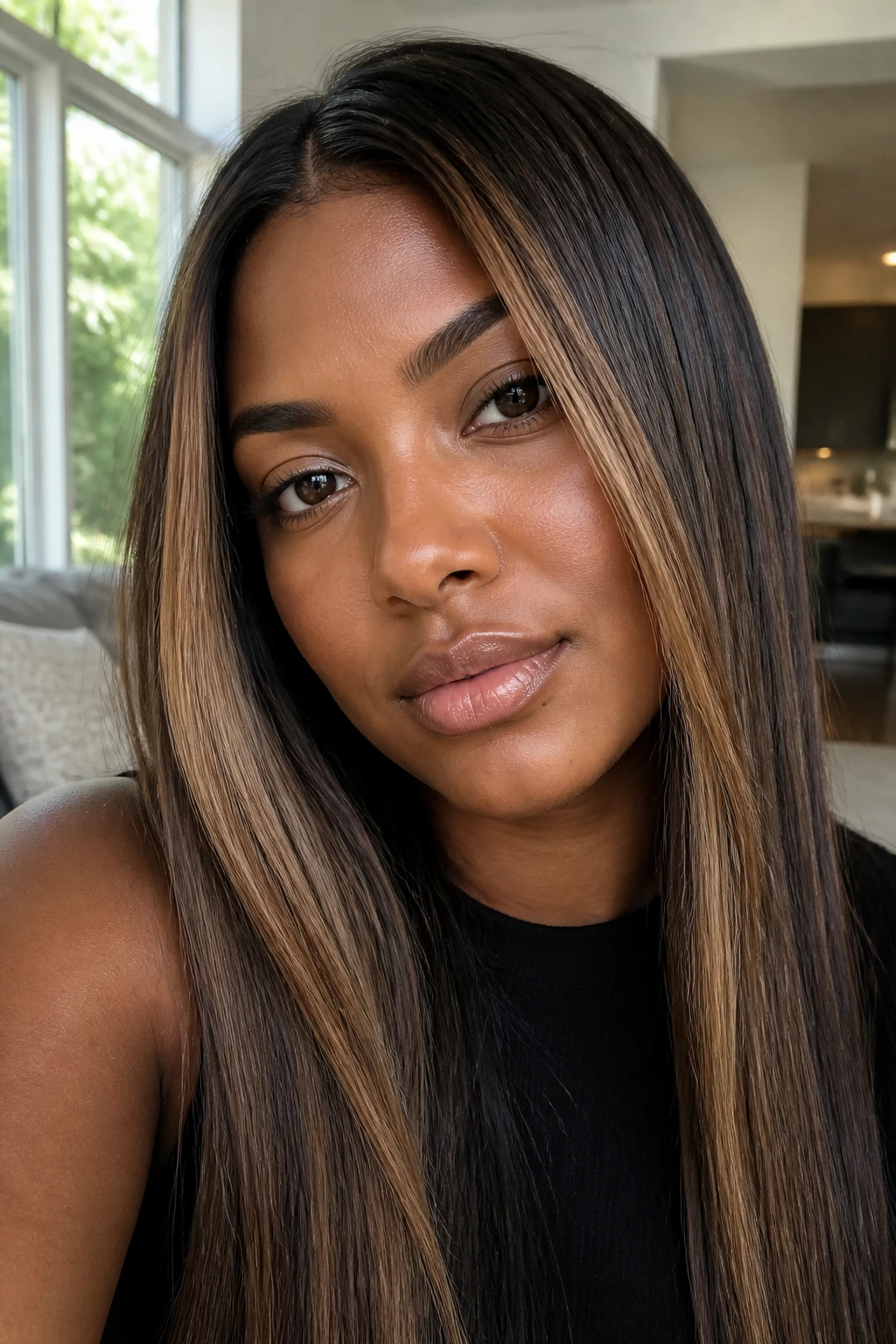 Close-up of a real person with latte lift caramel highlights around the face on straight hair
